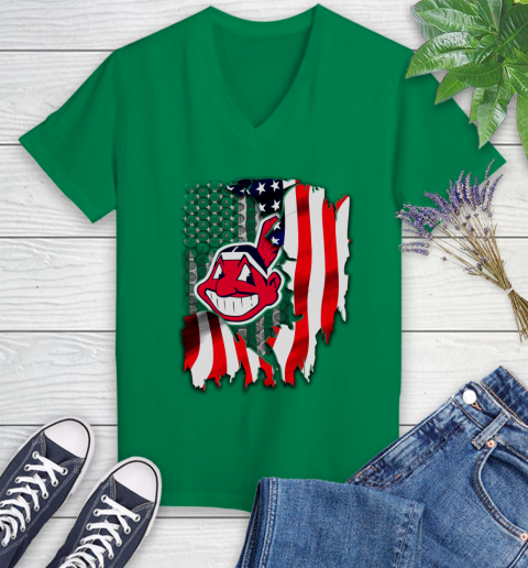 Cleveland Indians MLB Baseball American Flag Women's V-Neck T-Shirt 5