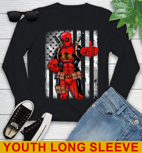NHL Hockey Chicago Blackhawks Deadpool American Flag Shirt Youth Long Sleeve