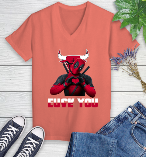 NBA Chicago Bulls Deadpool Love You Fuck You Basketball Sports Women's V-Neck T-Shirt 6