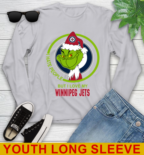 Winnipeg Jets NHL Christmas Grinch I Hate People But I Love My Favorite Hockey Team Youth Long Sleeve 6