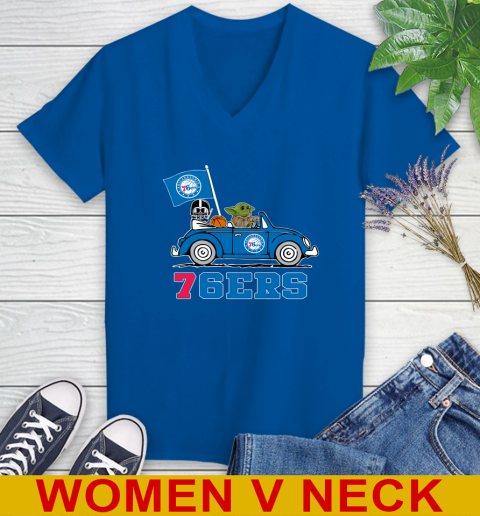 NBA Basketball Philadelphia 76ers Darth Vader Baby Yoda Driving Star Wars Shirt Women's V-Neck T-Shirt 11