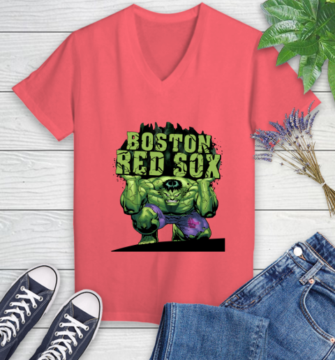 Boston Red Sox MLB Baseball Incredible Hulk Marvel Avengers Sports Women's V-Neck T-Shirt 6