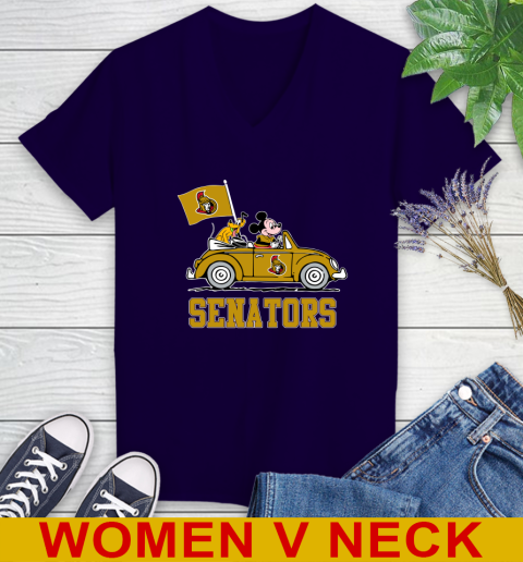 NHL Hockey Ottawa Senators Pluto Mickey Driving Disney Shirt Women's V-Neck T-Shirt 4