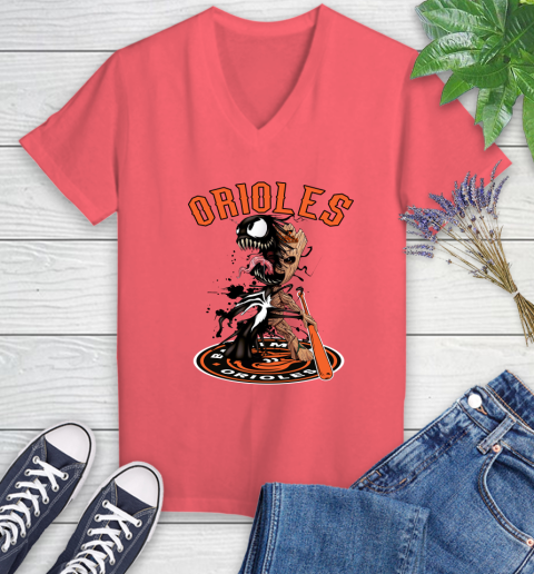 MLB Baltimore Orioles Baseball Venom Groot Guardians Of The Galaxy Women's V-Neck T-Shirt 6