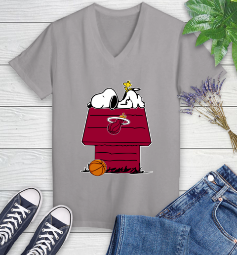 Miami Heat NBA Basketball Snoopy Woodstock The Peanuts Movie Women's V-Neck T-Shirt 4