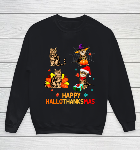 Cat Halloween Thanksgiving Christmas Happy Hallothanksmas Youth Sweatshirt