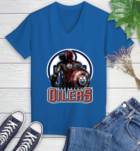 NHL Captain America Thor Spider Man Hawkeye Avengers Endgame Hockey Edmonton Oilers Women's V-Neck T-Shirt 10