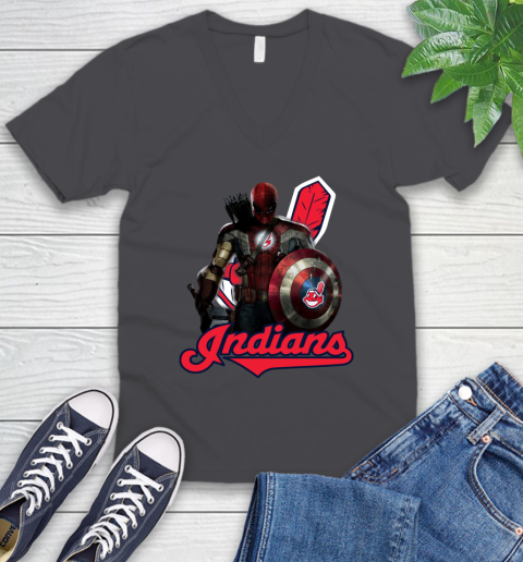 MLB Captain America Thor Spider Man Hawkeye Avengers Endgame Baseball Cleveland Indians V-Neck T-Shirt 5