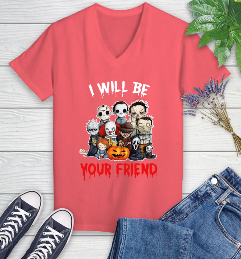 Halloween Horror Movie Characters Chibi I Will Be Your Friend Women's V-Neck T-Shirt 4