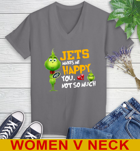 NFL New York Jets Makes Me Happy You Not So Much Grinch Football Sports Women's V-Neck T-Shirt 11