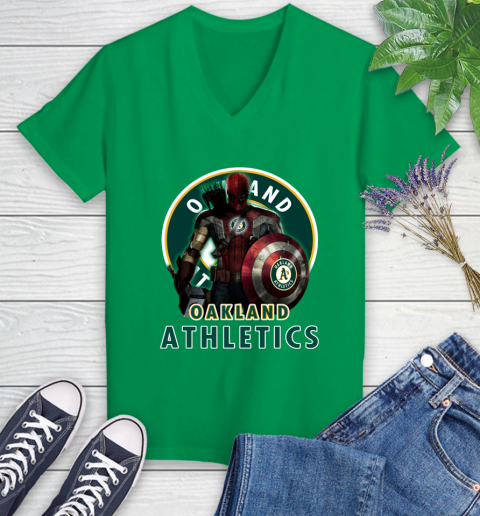 MLB Captain America Thor Spider Man Hawkeye Avengers Endgame Baseball Oakland Athletics Women's V-Neck T-Shirt 5
