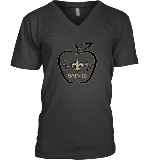 Apple Heartbeat Teacher Symbol New Orleans Saints V-Neck T-Shirt