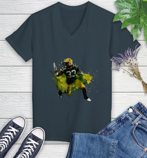 Aaron Jones Running Green Bay Packers Women's V-Neck T-Shirt 8