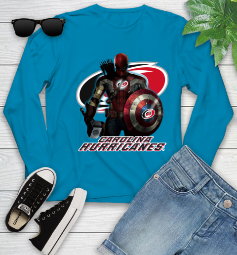 NHL Captain America Thor Spider Man Hawkeye Avengers Endgame Hockey Carolina Hurricanes Youth Long Sleeve 7
