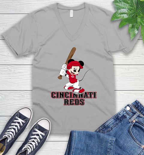 MLB Baseball Cincinnati Reds Cheerful Mickey Mouse Shirt V-Neck T-Shirt 4