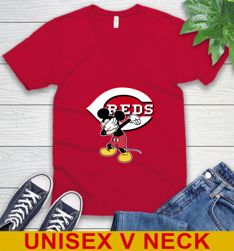 Cincinnati Reds MLB Baseball Dabbing Mickey Disney Sports V-Neck T-Shirt 7