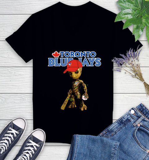 MLB Toronto Blue Jays Groot Guardians Of The Galaxy Baseball Women's V-Neck T-Shirt 2