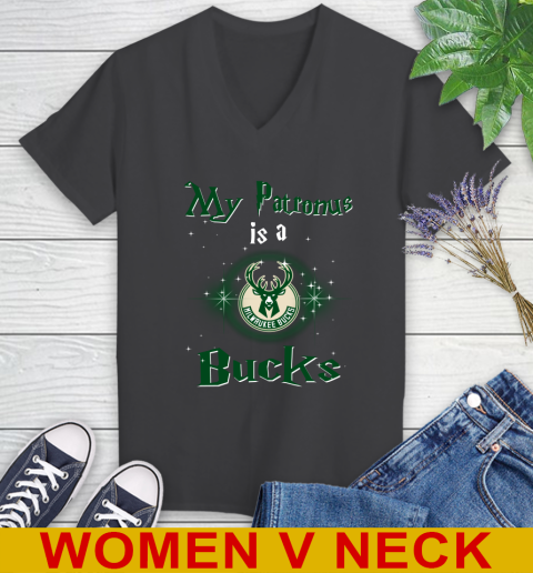 NBA Basketball Harry Potter My Patronus Is A Milwaukee Bucks Women's V-Neck T-Shirt 8