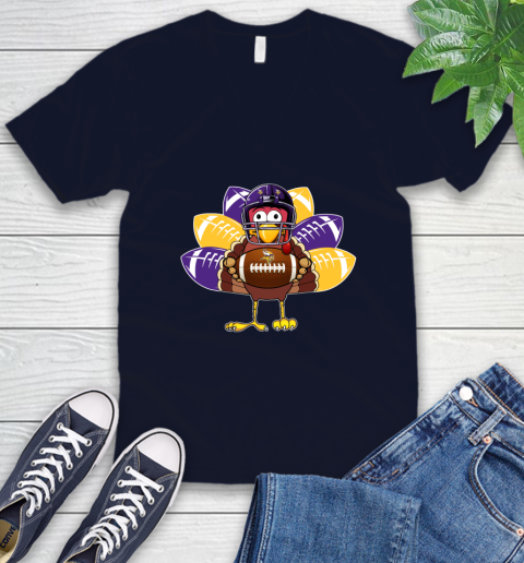 Minnesota Vikings Turkey Thanksgiving Day V-Neck T-Shirt 3