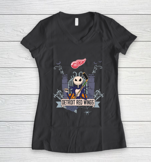 NHL Detroit Red Wings Hockey Jack Skellington Halloween Women's V-Neck T-Shirt 6