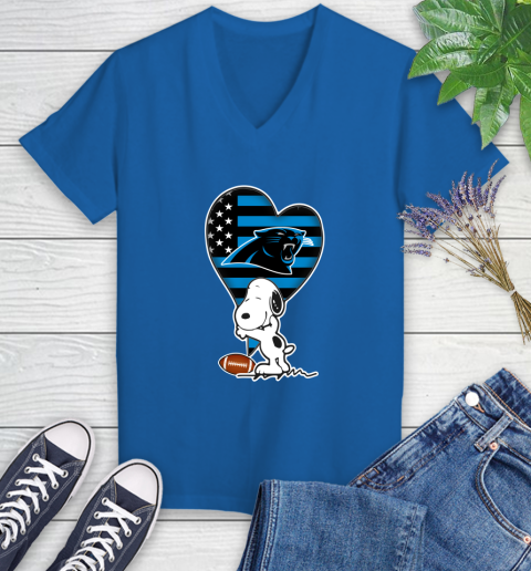 Carolina Panthers NFL Football The Peanuts Movie Adorable Snoopy Women's V-Neck T-Shirt 10