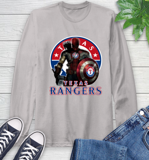 MLB Captain America Thor Spider Man Hawkeye Avengers Endgame Baseball Texas Rangers Long Sleeve T-Shirt 12