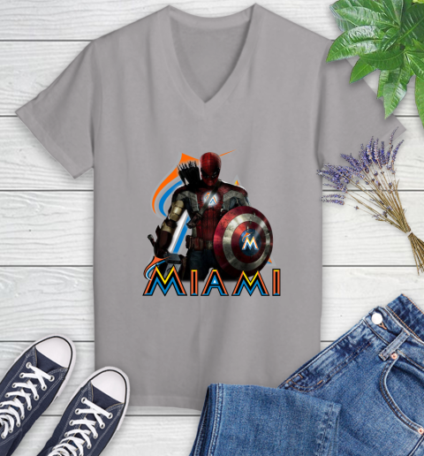 MLB Captain America Thor Spider Man Hawkeye Avengers Endgame Baseball Miami Marlins Women's V-Neck T-Shirt 4