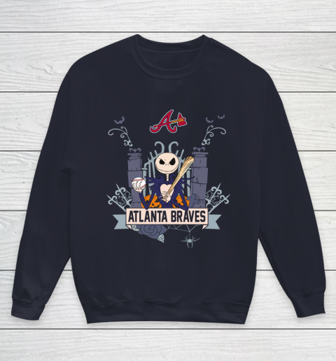 MLB Atlanta Braves Baseball Jack Skellington Halloween Youth Sweatshirt 2