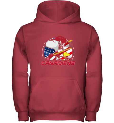 3lgv montreal canadienssnoopy and woodstock nhl youth hoodie 43 front red