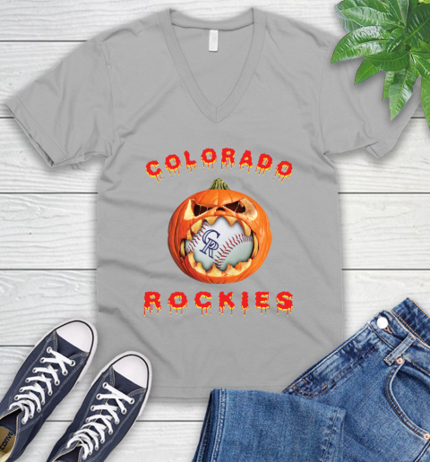 MLB Colorado Rockies Halloween Pumpkin Baseball Sports V-Neck T-Shirt 4