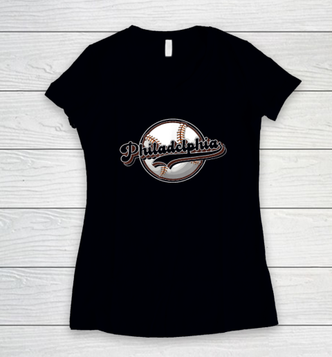 Philly Cityscape Baseball Philadelphia Skyline Retro Vintage Women's V-Neck T-Shirt