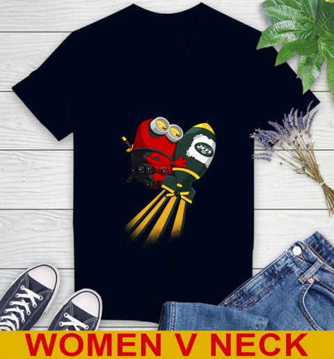 NFL Football New York Jets Deadpool Minion Marvel Shirt Women's V-Neck T-Shirt 2