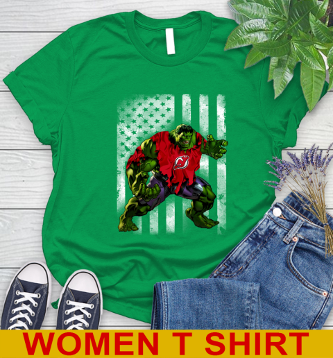New Jersey Devils Hulk Marvel Avengers NHL Hockey American Flag Women's T-Shirt 7