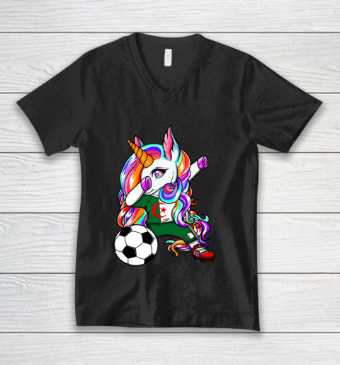 Dabbing Unicorn Algeria Soccer Fans Jersey Algerian Football V-Neck T-Shirt