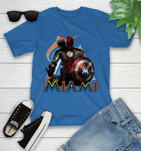 MLB Captain America Thor Spider Man Hawkeye Avengers Endgame Baseball Miami Marlins Youth T-Shirt 9