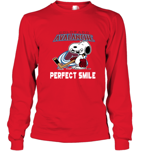 t9qv colorado avalanche snoopy perfect smile the peanuts long sleeve tee 14 front red