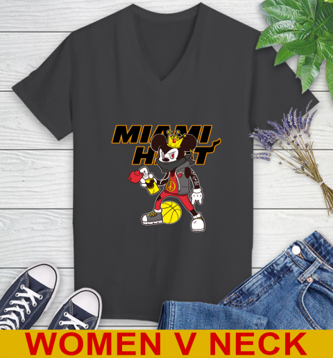 Miami Heat NBA Basketball Mickey Peace Sign Sports Women's V-Neck T-Shirt 9