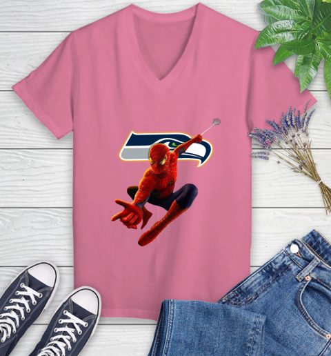 NFL Spider Man Avengers Endgame Football Seattle Seahawks Women's V-Neck T-Shirt 13