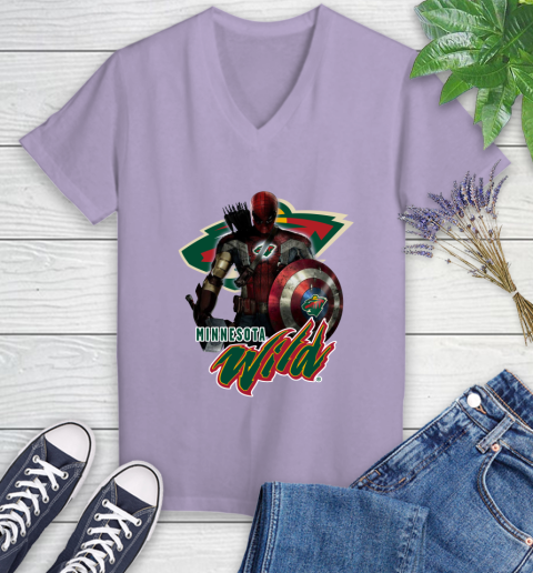 NHL Captain America Thor Spider Man Hawkeye Avengers Endgame Hockey Minnesota Wild Women's V-Neck T-Shirt 14