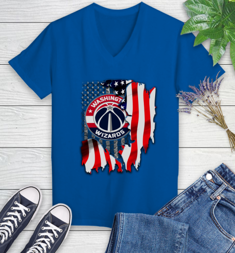 Washington Wizards NBA Basketball American Flag Women's V-Neck T-Shirt 10