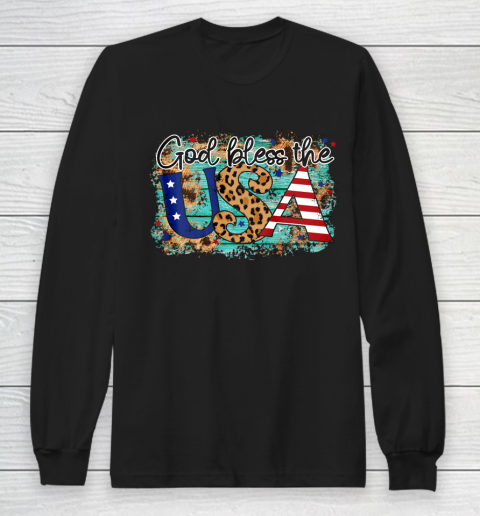 God Bless the USA Stars Stripes and Leopard Print Long Sleeve T-Shirt