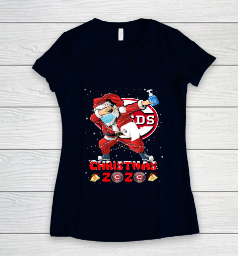 Cincinnati Reds Funny Santa Claus Dabbing Christmas 2020 MLB Women's V-Neck T-Shirt 2