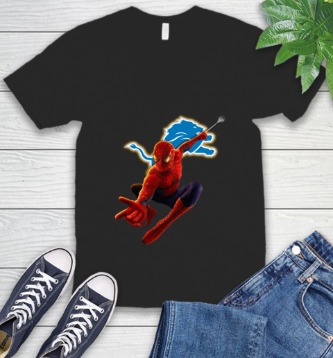 NFL Spider Man Avengers Endgame Football Detroit Lions V-Neck T-Shirt 2