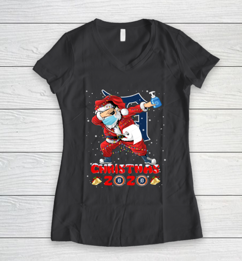 Detroit Tigers Funny Santa Claus Dabbing Christmas 2020 MLB Women's V-Neck T-Shirt 6