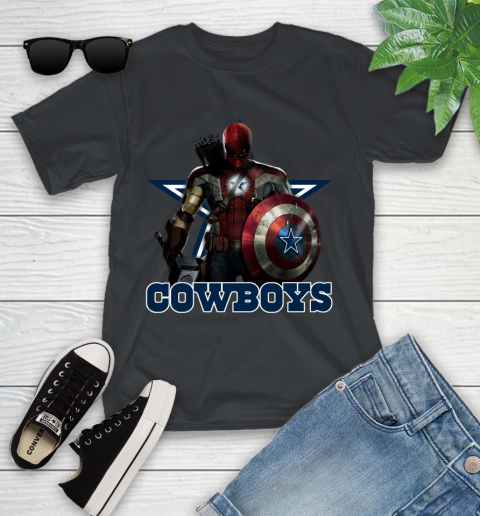NFL Captain America Thor Spider Man Hawkeye Avengers Endgame Football Dallas Cowboys Youth T-Shirt 2