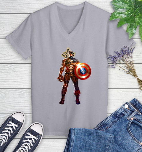 NFL Captain America Marvel Avengers Endgame Football Sports New Orleans Saints Women's V-Neck T-Shirt 4