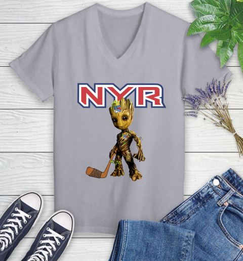 New York Rangers NHL Hockey Groot Marvel Guardians Of The Galaxy Women's V-Neck T-Shirt 4
