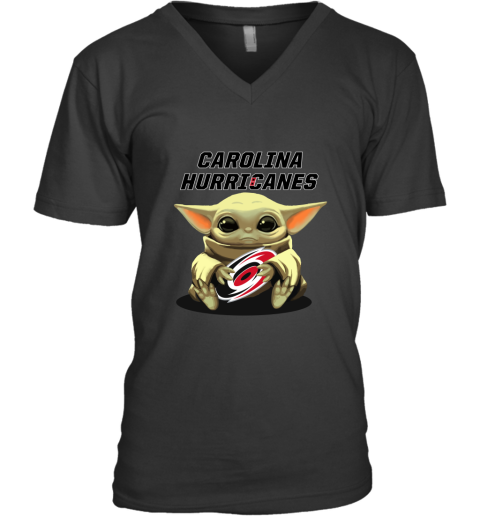 Baby Yoda Hugs The Carolina Hurricanes Ice Hockey V-Neck T-Shirt