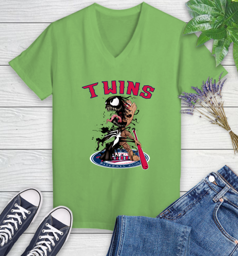 MLB Minnesota Twins Baseball Venom Groot Guardians Of The Galaxy Women's V-Neck T-Shirt 11