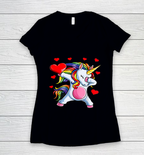 Rainbow Unicorn Dab Hearts Shirts For Girls Women Valentine Women's V-Neck T-Shirt